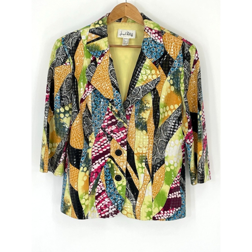 JOSEPH RIBKOFF Women's Funky Multicolor Glossy Sheen Jacket Top Sz 16 Patchwork